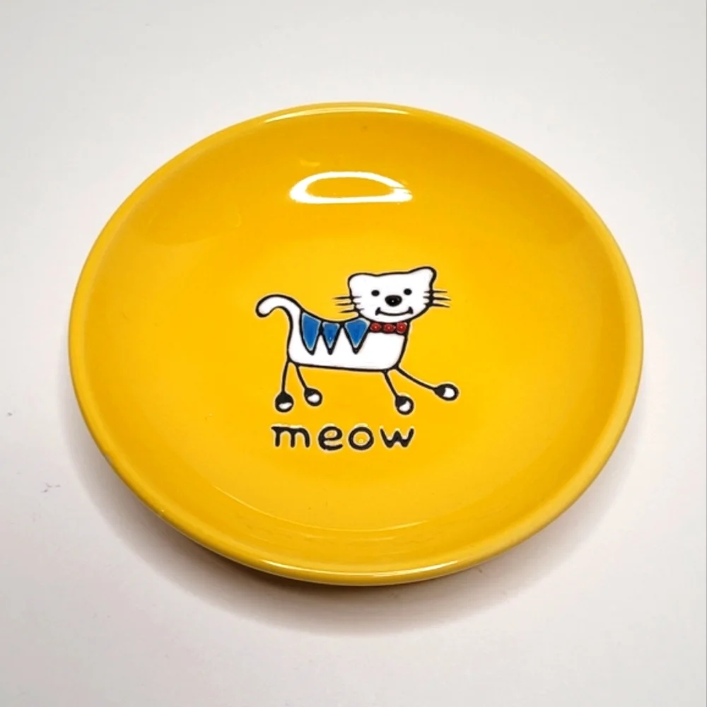 Yellow Small Cat Dish or Trinket Dish MEOW Kitty Cat Graphic